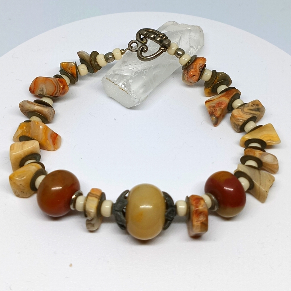 Jasper and Antiqued Silvertone Bead Bracelet Handmade x kalyjwls